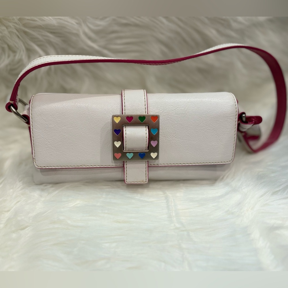 Dooney & Bourke Y2K Small White Barrel Bag with Pink Trim, Colorful Heart Accent